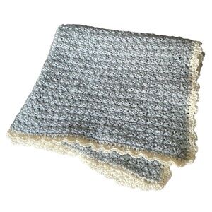 Crocheted Baby Blanket Neutral Grey Cream Border Handmade Handcrafted Infant NEW